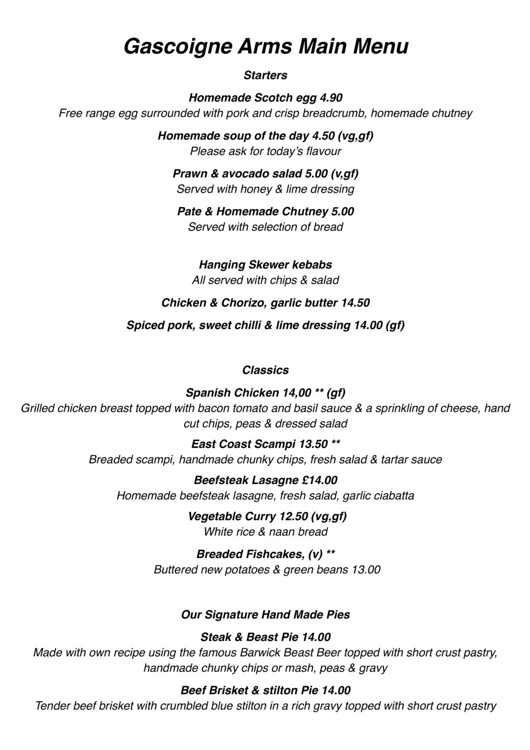 Menu - The Gascoigne Arms